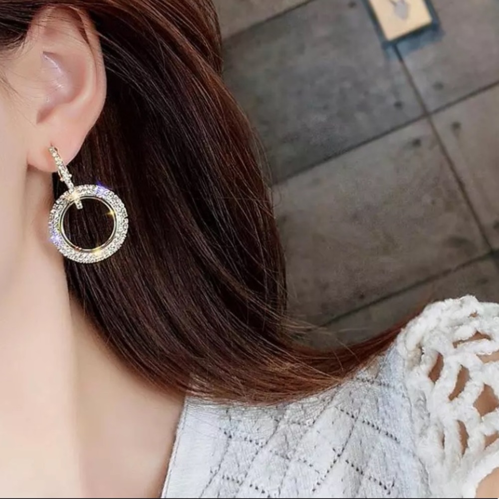 Black Rhinestone Circle Earrings - Picture 2 of 5